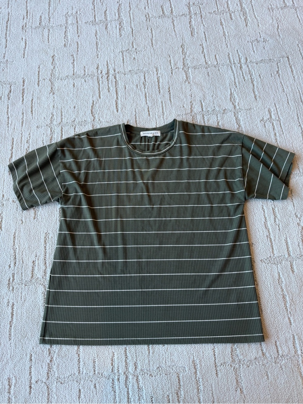 DownEast Olive Green & White Striped Tee Medium